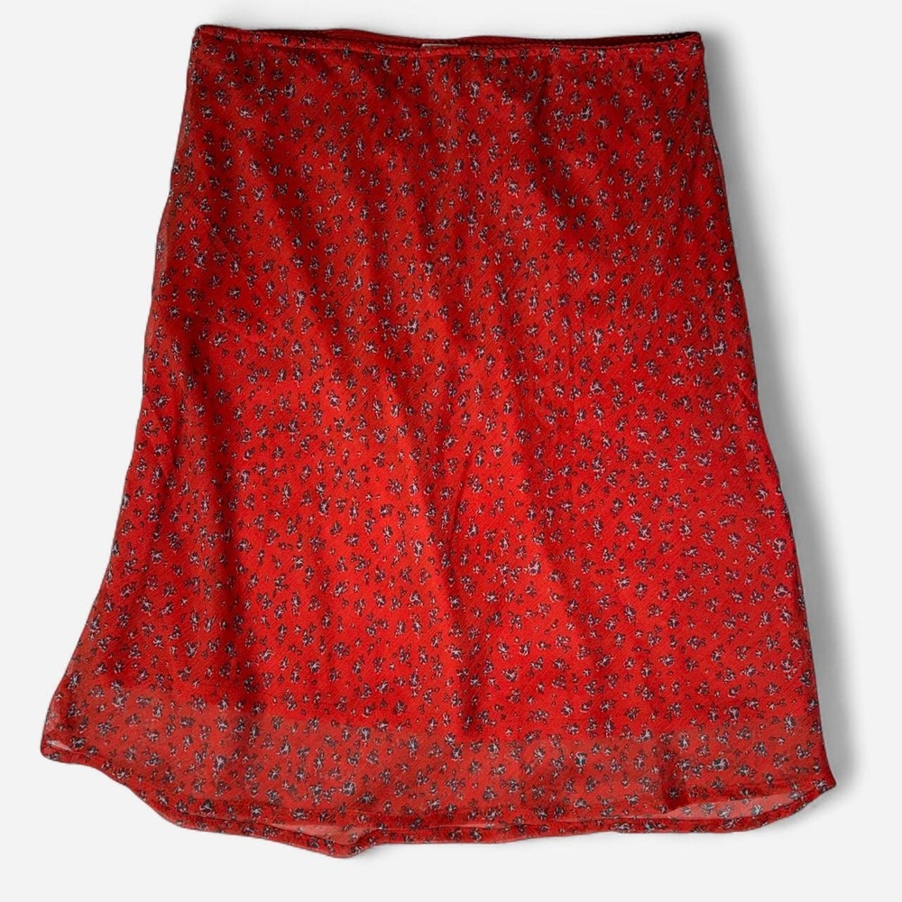 Cotton On Red Midi Skirt with With Floral Print Stretch Waist , size Large
